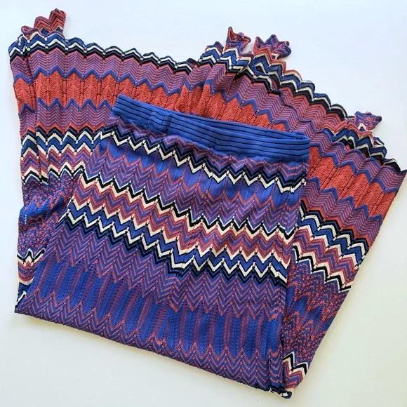 Sandro Paris Pointelle Chevron Zig Zag Knit Midi Skirt in Blue & Rust 2 US 6 - Picture 7 of 14